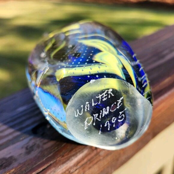 Walter Prince Hand Blown Glass Paperweight Signed  1995 Blue Yellow Swirl Bubble - Picture 3 of 5